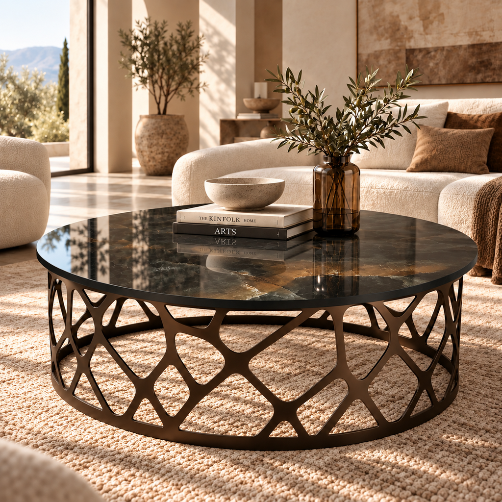 Table basse RIVOLI ALLEGRE en céramique Océan Noir, piètement métallique ajouré, vue d'ensemble