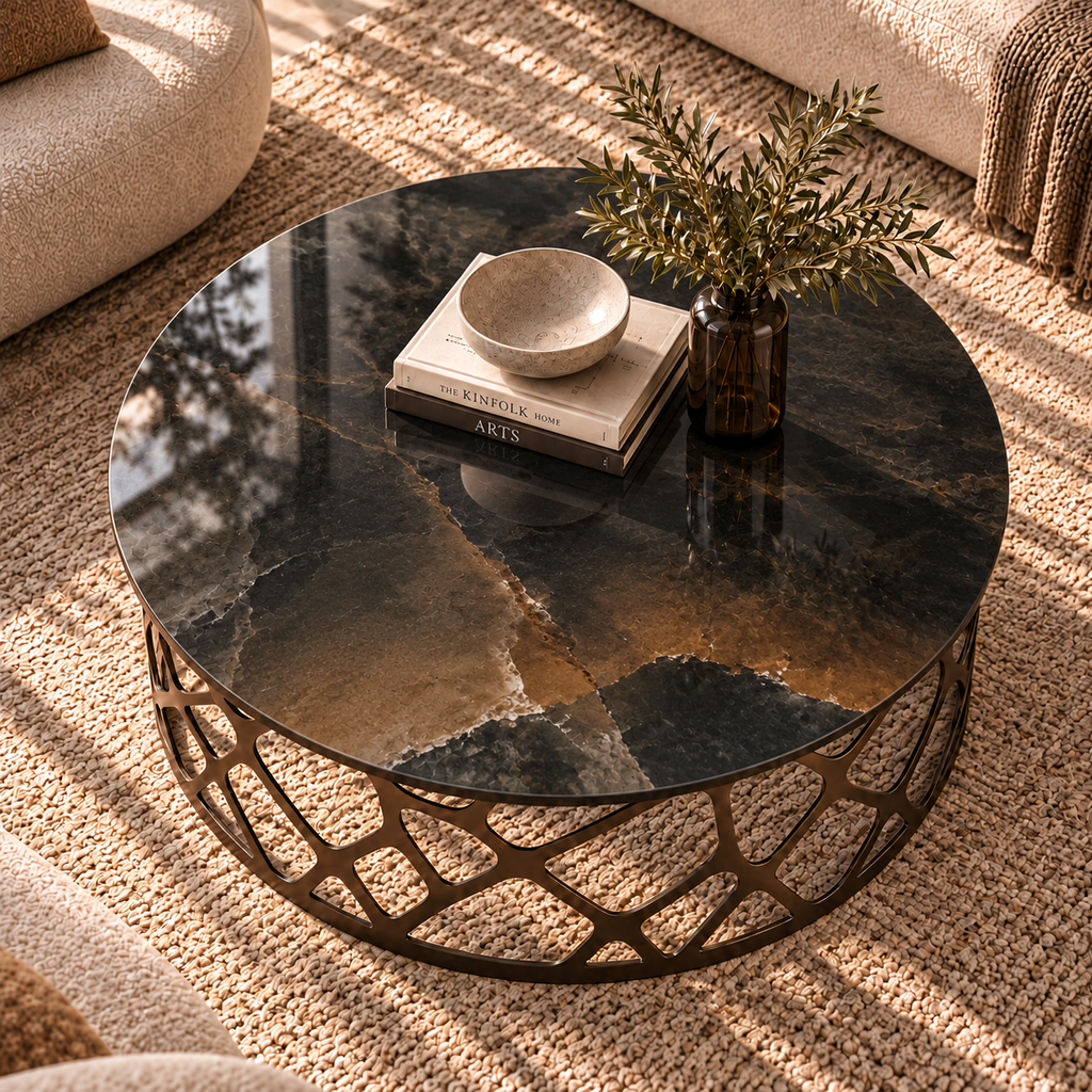 Table basse RIVOLI ALLEGRE en céramique sombre dans un salon éclairé par la lumière naturelle