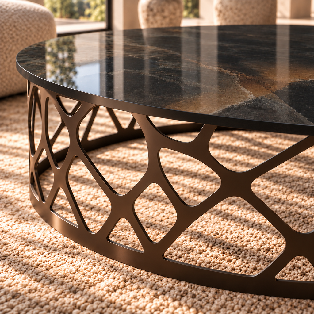 Détail du piètement ajouré en métal thermolaqué bronze de la table basse RIVOLI