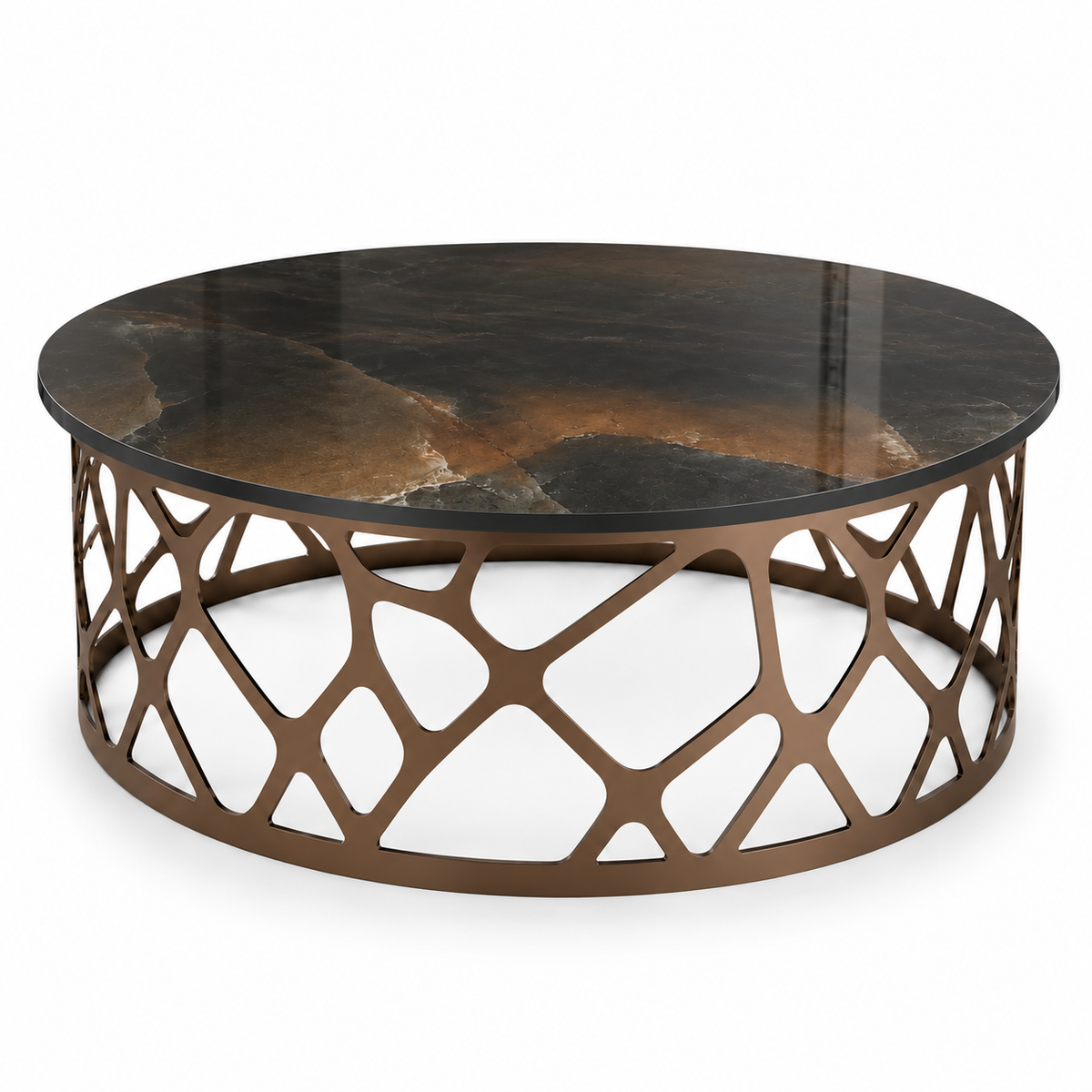 Table basse ronde RIVOLI avec plateau en céramique sombre et pied métallique sculptural