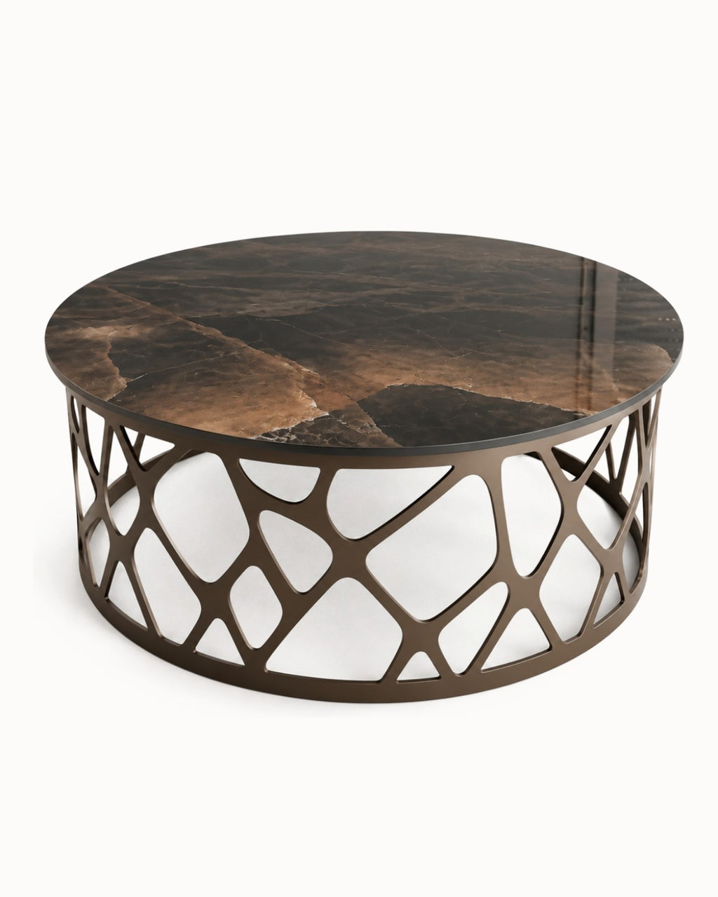 Table basse ALLEGRE céramique sombre et structure bronze ajourée