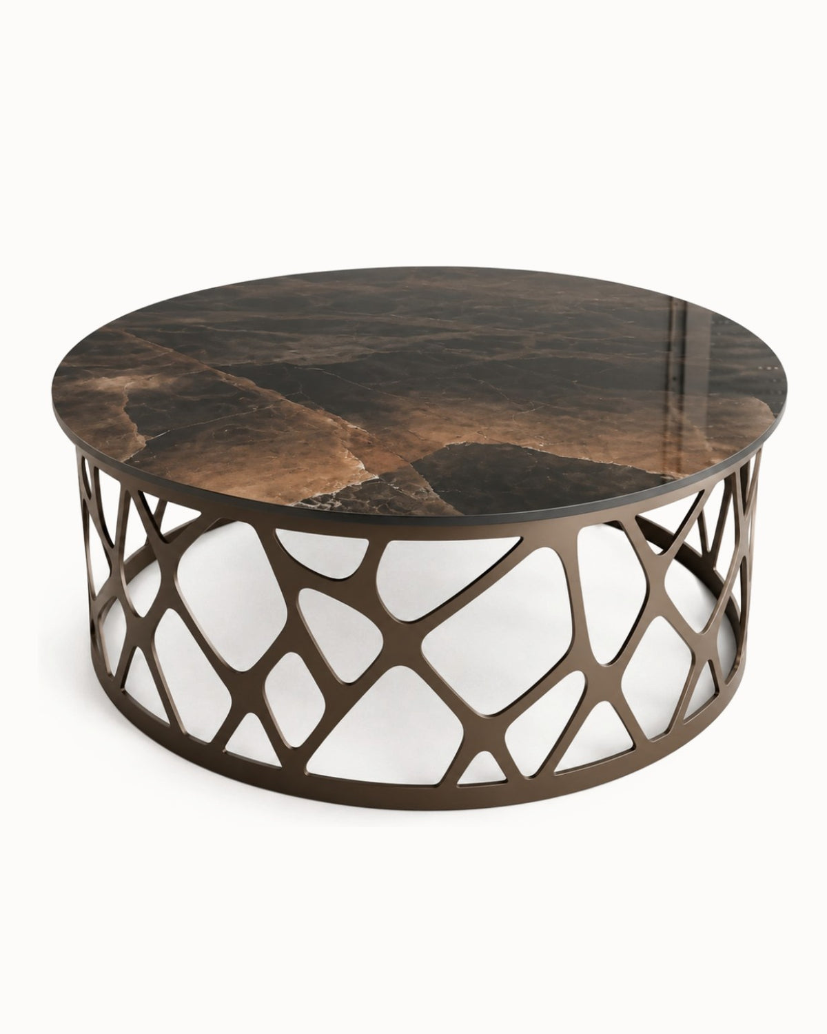 Table basse ALLEGRE céramique sombre et structure bronze ajourée